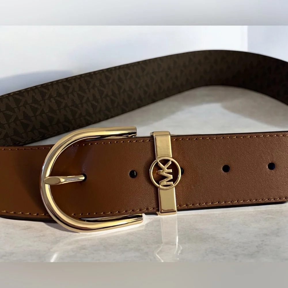 Michael Kors Brown Leather Belt with Gold Buckle Size Large